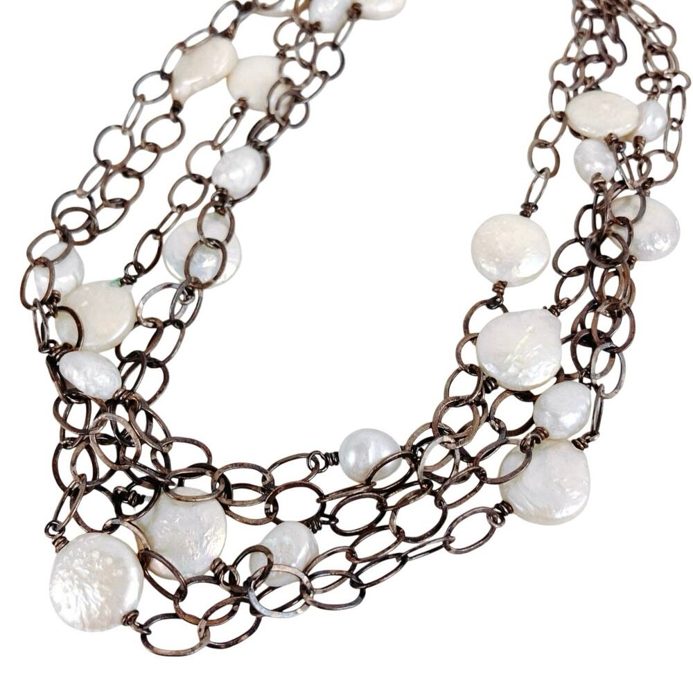 Multi-Strand Pearl Necklace on Oxidized Silver Chain, Boho Style, 13.5" - 16.5"